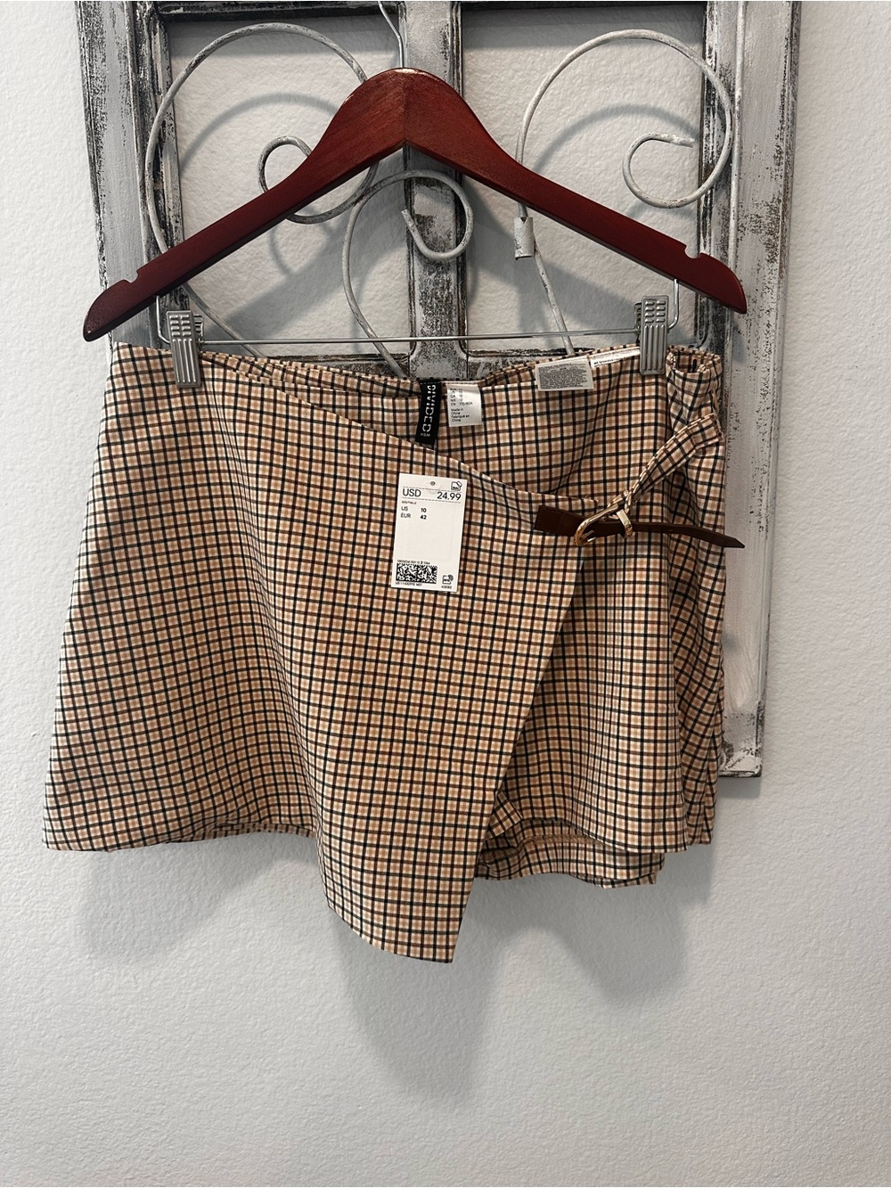 H&M Plaid Wrap Mini Skirt with Belt - Beige/Black